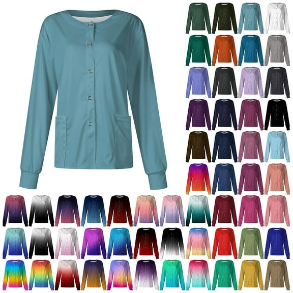 Scrub Jackets for Women Stretchy Gradient Patterned Long Sleeve Scrubs Uniforms Button Down Nursing Shirt with Pockets Red S