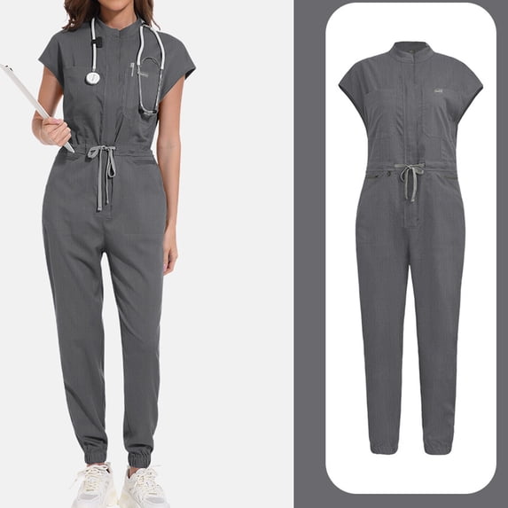 Scrub Jumpsuit For Woman Cozy Fit Scrub Sets With Pockets Stretch Breathable Nurse Uniforms Women Set Gray XS