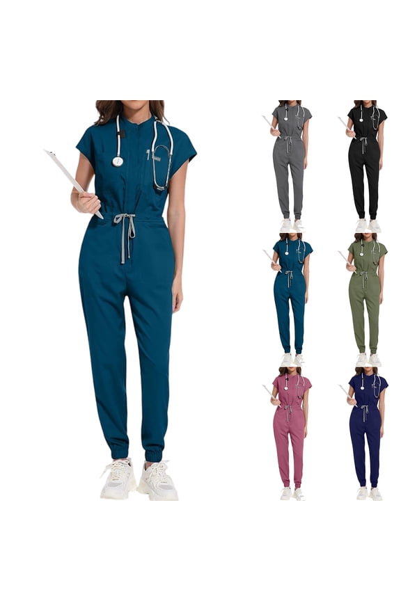 Scrub Jumpsuit for Woman:Soft Stretch Medical Scrub Set Jumpsuit & Jogger with multiple pockets for Nurse Workwear Green S