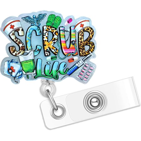 Scrub Life Nurse Badge Reel, Funny Nurse Badge Reels Retractable, Scrub Life ID Name Badge Holder Nursing Name Badge Reel with Alligator Clip for RN LPN CNA Nurse Doctor Assistant Medical Staff