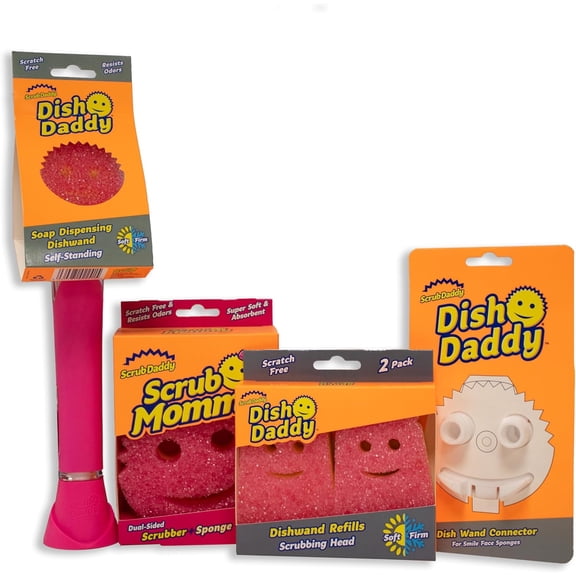 Scrub Mommy Dish Wand, Refill Heads, Sponge & Connector Head, Soap Dispensing Dish Brush, Texture Changing Washing Up Sponge, Dual Sided Non Scratch Scourers with Liquid Handle - Pink