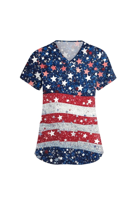 Scrub Pants, For Women Tops 4Th Of July V Neck Short Sleeve Workwear With Pockets Red White And Royal Blue American Flag Top Shirts Maternity Scrubs Womens Shirt Outfits (S, Royal Blue) ZMTing