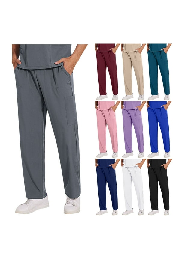 Scrub Pants for Men with Pockets Unisex Solid Color Straight Leg Rope Elastic Waist Multiple Pockets Nursing Worker Pants