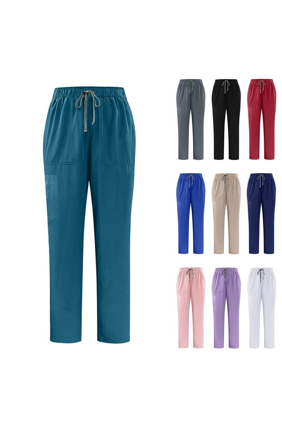 Scrub Pants for Women Men with Multiple Pockets Solid Color Straight Leg Elastic Waist Unisex Nursing Worker Pants