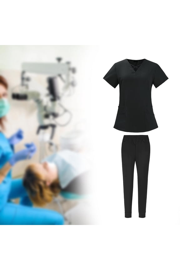 Scrub Set SPA Scrubs Uniform Tops Pants V Neck Durable Soft Elastic Waist Working Uniform Workwear Scrubs for Nurse Assistant Doctors , Black Color M