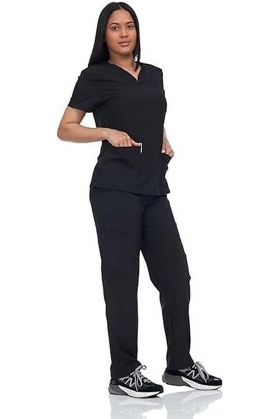 Scrub Set Top and Pants with 4 Pockets Stretch Fabric Lightweight Nurse Uniform Set for Home Attendant