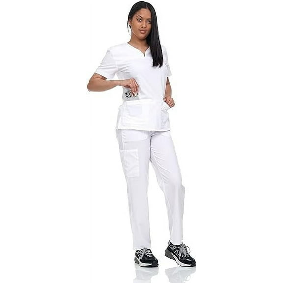 Scrub Set Top and Pants with 4 Pockets Stretch Fabric Lightweight Nurse Uniform Set for Home Attendant