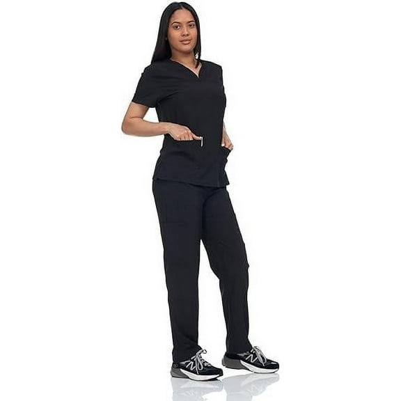Scrub Set Top and Pants with 4 Pockets Stretch Fabric Lightweight Nurse Uniform Set for Home Attendant