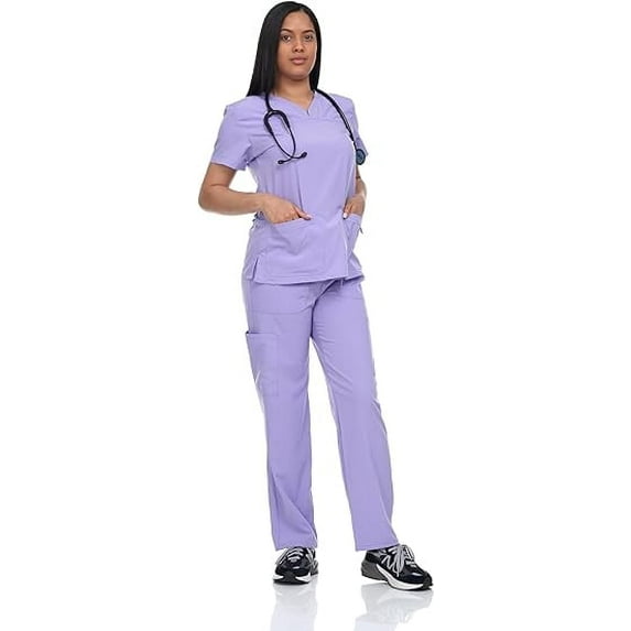 Scrub Set Top and Pants with 4 Pockets Stretch Fabric Lightweight Nurse Uniform Set for Home Attendant