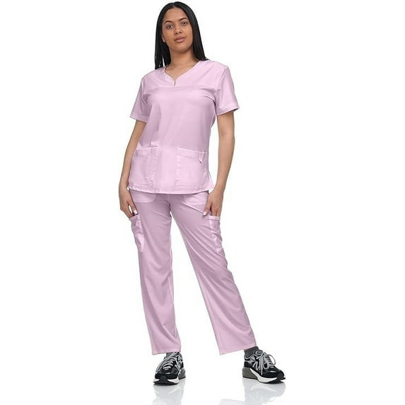 Scrub Set Top and Pants with 4 Pockets Stretch Fabric Lightweight Nurse Uniform Set for Home Attendant