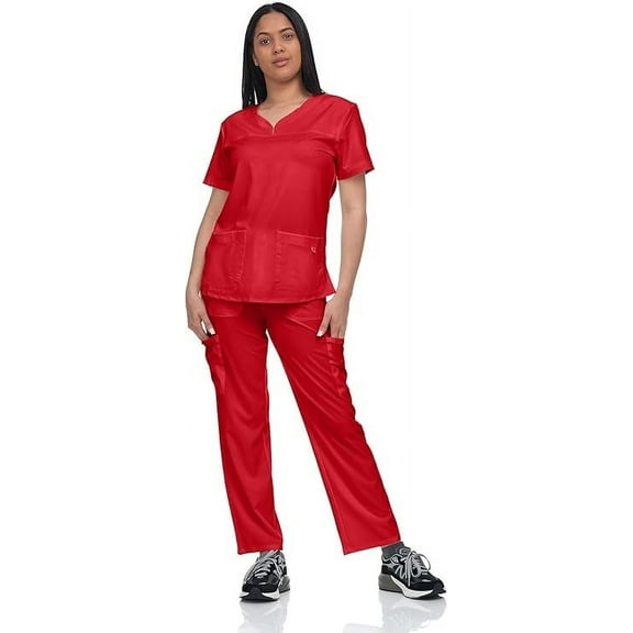 Scrub Set Top and Pants with 4 Pockets Stretch Fabric Lightweight Nurse Uniform Set for Home Attendant