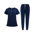 thumbnail image 1 of Scrub Set Women Clearance Sales Solid Color V-Neck Short Sleeve Nurse Top Long Nurse Uniform Pants with Pocket Dark Blue L, 1 of 4