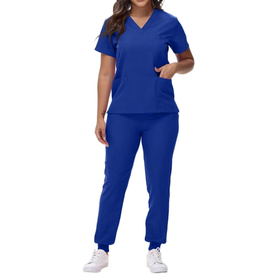 Scrub Set for Women Short Sleeve Solid Color V-Neck Medical Uniform with Pockets Top and Pants Nurse Workwear for Dental Assistant Esthetician Lab Technician Turquoise B XXL