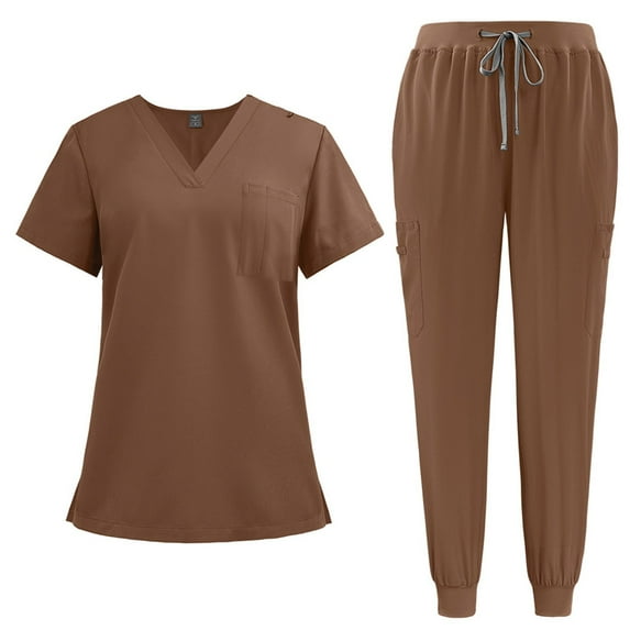 Womens Scrub Sets ​Classic Solid Scrub Top & Pants Combo - Quick-Dry Tech, Elastic Waistband, Ideal for Healthcare Pros Brown S
