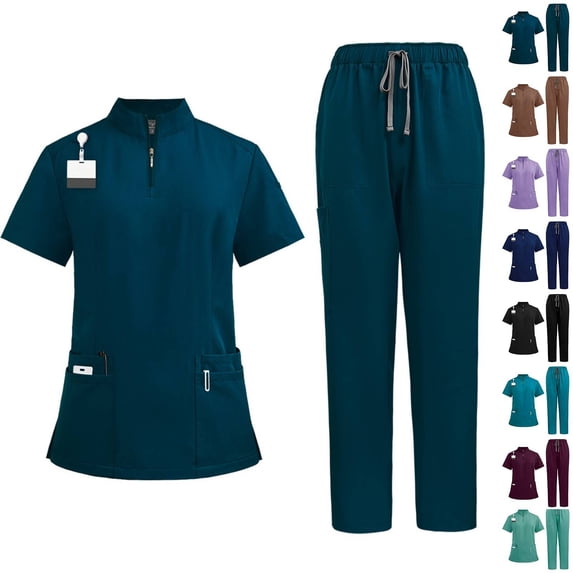 Scrub Set Womens Quick Dry Cool Stretch Stand Collar Top and Cargo Pant Dark Green L