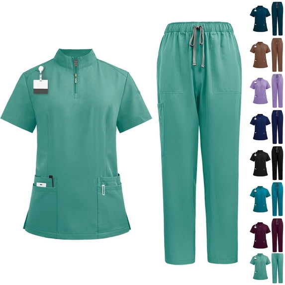 Scrub Set Womens Quick Dry Cool Stretch Stand Collar Top and Cargo Pant Mint Green S