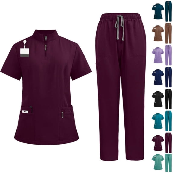 Scrub Set Womens Quick Dry Cool Stretch Stand Collar Top and Cargo Pant Wine S