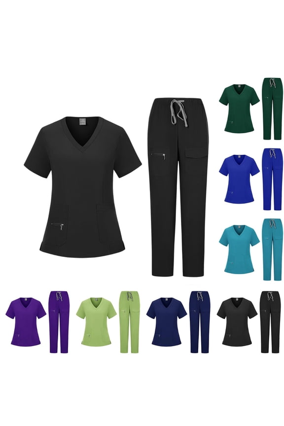 Scrub Set for Women Modern Fit V-Neck Short Sleeve Top & Multi-Pocket Cargo Pants with Yoga Waistband, #03 Black, S