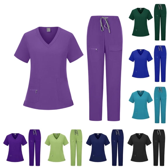 Scrub Set for Women Modern Fit V-Neck Short Sleeve Top & Multi-Pocket Cargo Pants with Yoga Waistband, #03 Dark Purple, XXL