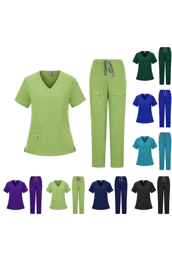 Scrub Set for Women Modern Fit V-Neck Short Sleeve Top & Multi-Pocket Cargo Pants with Yoga Waistband, #03 Fluorescent Green, XXL