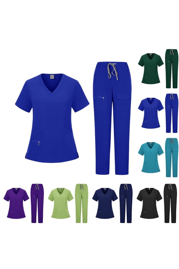 Scrub Set for Women Modern Fit V-Neck Short Sleeve Top & Multi-Pocket Cargo Pants with Yoga Waistband, #03 Royal Blue, S