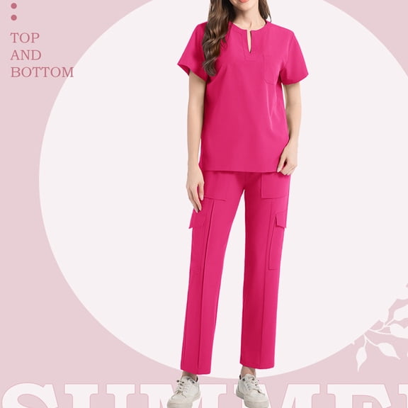 Scrub Set for Women - V-Neck Scrub Top & Wide-Leg Pants Uniforms with Stretch Fabric, Multiple Pockets Hot Pink XXL