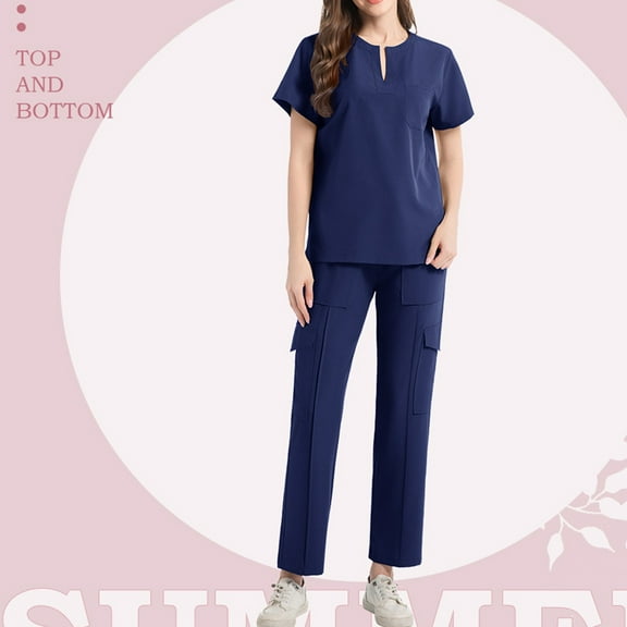 Scrub Set for Women - V-Neck Scrub Top & Wide-Leg Pants Uniforms with Stretch Fabric, Multiple Pockets Navy M