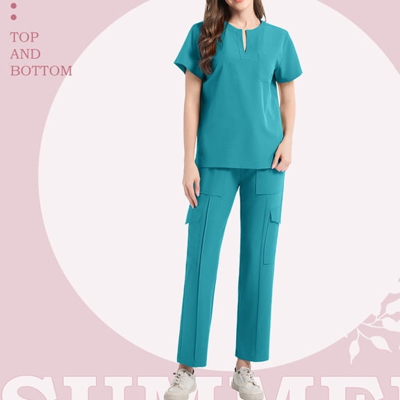 Scrub Set for Women - V-Neck Scrub Top & Wide-Leg Pants Uniforms with Stretch Fabric, Multiple Pockets Turquoise M