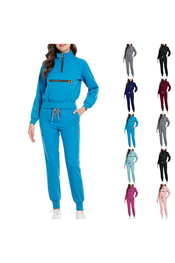 Scrub Set with Long Sleeve for Women Scrub Top & Jogger Scrub Pants Medical Working Uniforms with Pockets Navy L