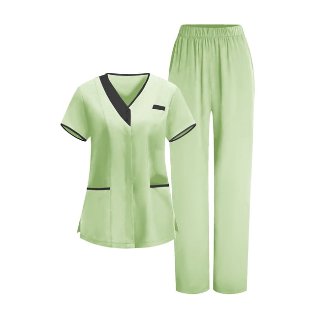 Scrub Sets Cleaning Uniform for Women Multi Pockets V-Neck Top & Straight Leg Pants Scrubs Set
