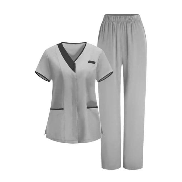 Scrub Sets Cleaning Uniform for Women Multi Pockets V-Neck Top & Straight Leg Pants Scrubs Set