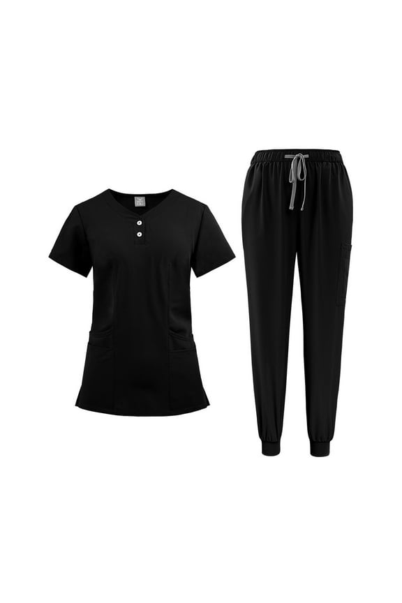 Scrub Sets For Woman Clearance Sales Solid Color V-Neck Short Sleeve Nurse Top Long Nurse Uniform Pants with Pocket Black M