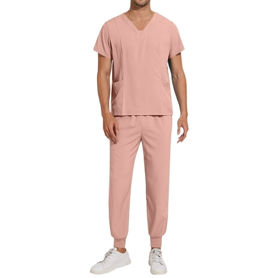 Scrub Sets for Men Comfortable V-Neck Scrub Top & Jogger Pant Quick Dry Nursing Scrubs Set Stretch Medical Working Uniforms with Multi Pocket for Doctors, Nurses Pink XL