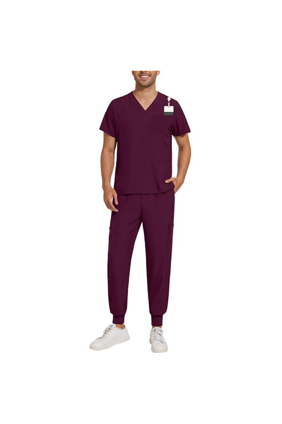 Scrub Sets for Men Comfortable V-Neck Scrub Top & Jogger Pant Quick Dry Nursing Workwear Stretch Medical Working Uniforms with Multi Pocket for Doctors, Nurses Wine S