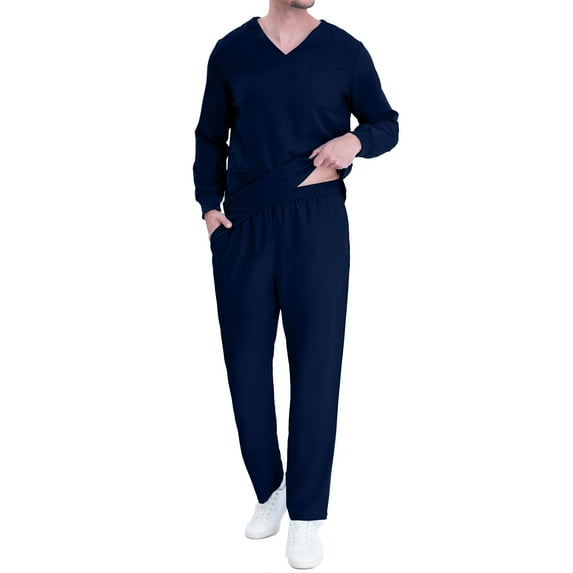 Scrub Sets for Men qolati Two Piece Outfits Long Sleeve V-Neck Scrub Shirts and Jogger Pants with Pocket Summer Athletic Stretch Workwear Working Uniforms