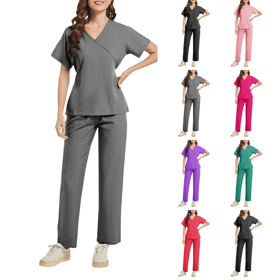 Scrub Sets for Woman V Neck Top with Cargo Pant Pockets Nurse Top Pull On Scrubs Bottom Comfy Durable Nursing Scrubs for Healthcare Professionals Grey S