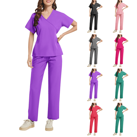 Scrub Sets for Woman V Neck Top with Cargo Pant Pockets Nurse Top Pull On Scrubs Bottom Comfy Durable Nursing Scrubs for Healthcare Professionals Purple 2XL