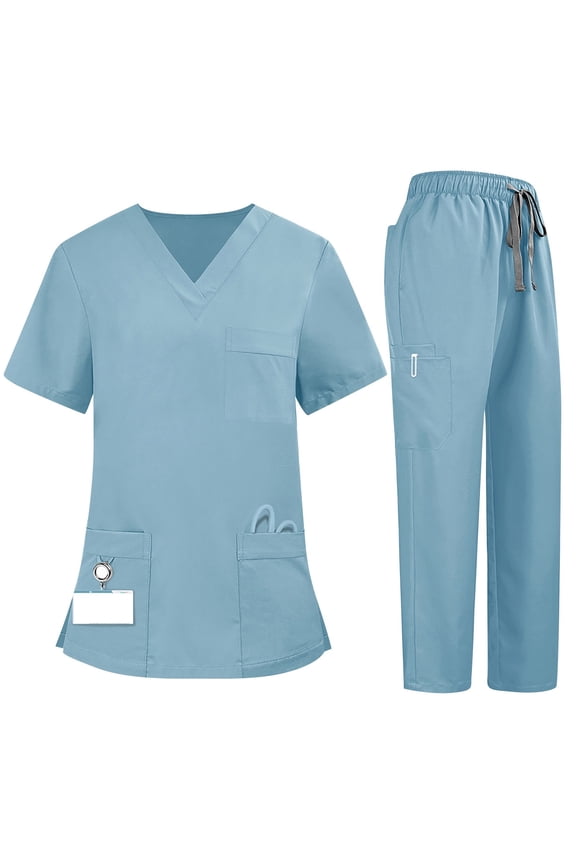 Scrub Sets For Woman, Women's Quick-Dry 2-Piece V-Neck Scrub Uniform Set - Short Sleeve Work Tee & Pants with Pockets, Solid Color, Comfort Fit, Four Seasons Af Light Blue