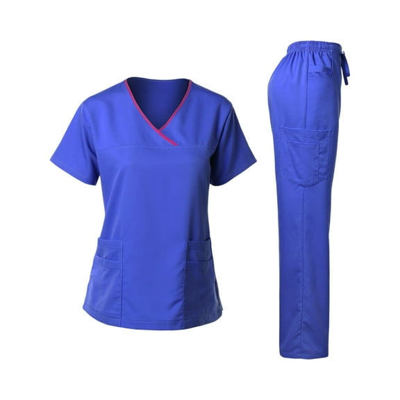 Scrub Sets for Women Petite Spring Summer V-Neck Scrub Top and Jogger Pants Stretch Nursing Workwear Quick Dry Uniform Suits with Multi Pocket for Doctors, Nurses Royal Blue L