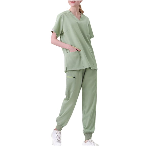 Scrub Sets for Women qolati Two Piece Outfits Short Sleeve V-Neck Scrub Shirts and Jogger Pants with Pocket Summer Athletic Stretch Workwear Working Uniforms