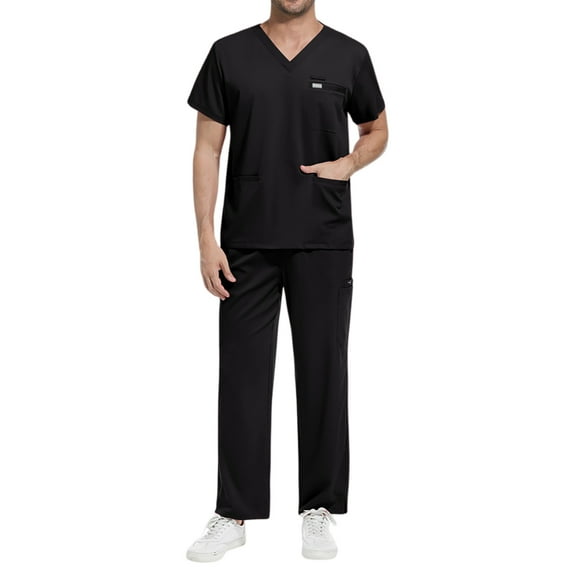 Scrub Sets for Men Comfortable V-Neck Scrub Top & Jogger Pant Stretch Nursing Scrubs Set Quick Dry Working Uniforms with Pockets Black M