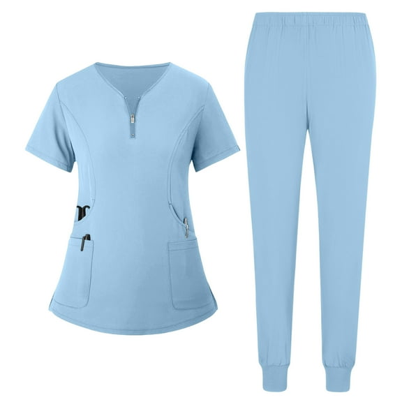 Scrub Sets for Woman 2025 Essential Jogger Scrub Set Nursing Uniform Stretch V-Neck Top & Drawstring Cargo Pants Sky Blue M