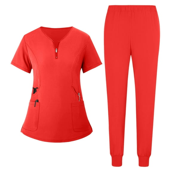 Scrub Sets for Woman 2025 Essential Jogger Scrub Set Nursing Uniform Stretch V-Neck Top & Drawstring Cargo Pants Vermilion M