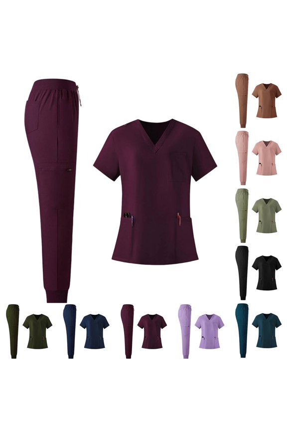 Scrub Sets for Woman 2026 Essential Jogger Scrub Set Nursing Uniform Stretch V-Neck Top & Drawstring Cargo Pants Wine M