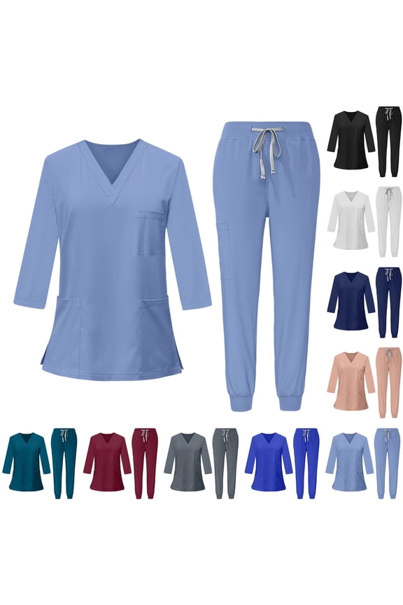 Scrub Sets for Woman 2026 Jogger Scrub Set Nursing Uniform Stretch V-Neck 3/4 Sleeve Top & Drawstring Cargo Pants, #01 Light Blue, XXL