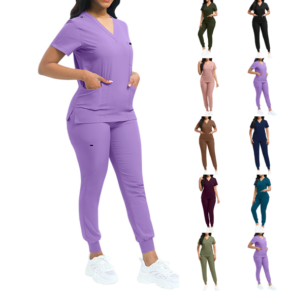 Scrub Sets for Woman 2026 Jogger Scrub Set Nursing Uniform Stretch V-Neck Top & Drawstring Cargo Pants Light Purple S
