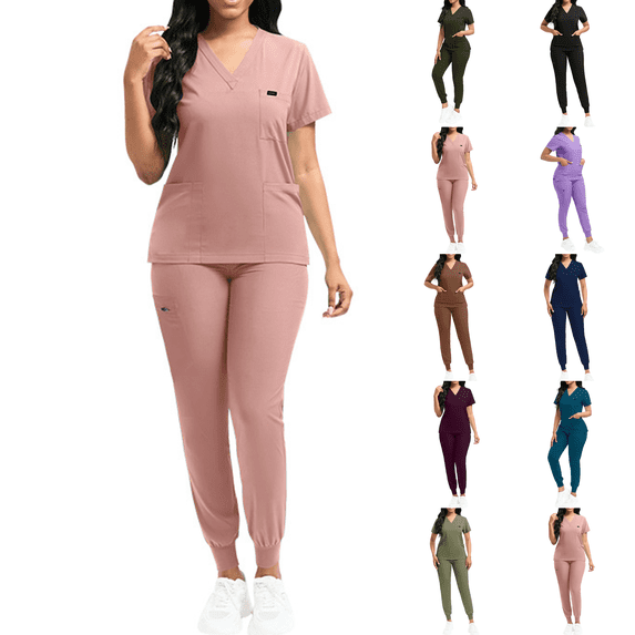 Scrub Sets for Woman 2026 Jogger Scrub Set Nursing Uniform Stretch V-Neck Top & Drawstring Cargo Pants Pink S