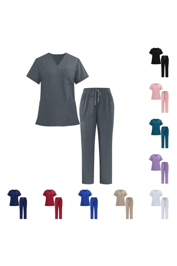Scrub Sets for Woman Man Unisex Short Sleeve V-Neck Solid Color Pocket Caregiver Shirt Elastic Pants Nurse Uniform Sets
