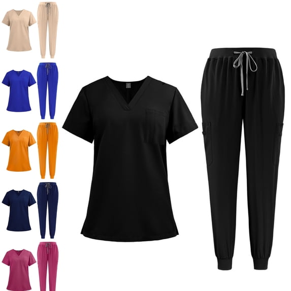 Scrub Sets for Woman Nursing Uniform Comfortable Lightweight Stretch V-Neck Top & Drawstring Cargo Pants