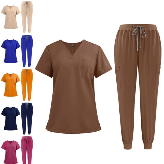 Scrub Sets for Woman Nursing Uniform Comfortable Lightweight Stretch V-Neck Top & Drawstring Cargo Pants